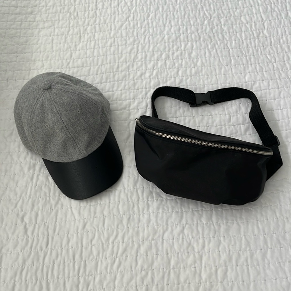 Wool and Faux Leather Baseball Cap and Black Fanny Pack